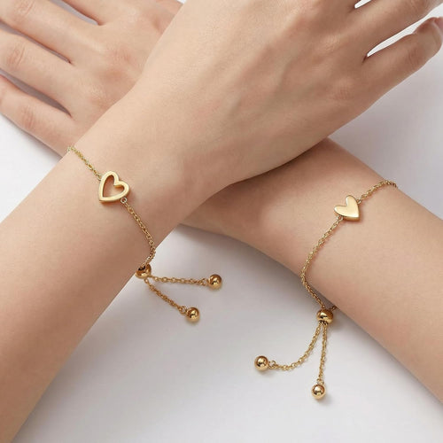 14K Gold Plated Matching Heart Charms Solitaire Bracelet Set for Women | Adjustable Valentines Day Love Friendship Two Bracelet