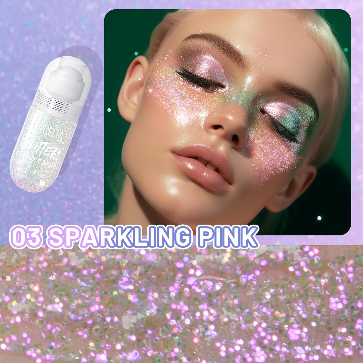 DAGEDA Body Glitter Gel, Roll-on Face Glitter for Mermaid Makeup Festival Rave Accessories, Holographic Hair Glitter Gel,Body Shimmer Halloween Makeup for Rave Party (Sparkling Pink)