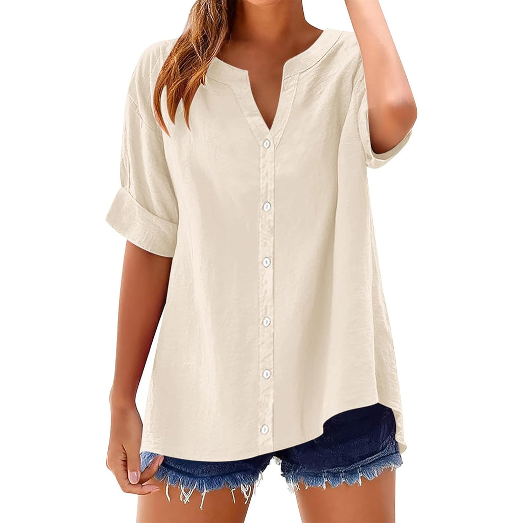 LOMON Womens 3/4 Sleeve Button Down Shirts Cotton Linen Roll Up Short Sleeve Tops V Neck Casual Loose Fit Blouses