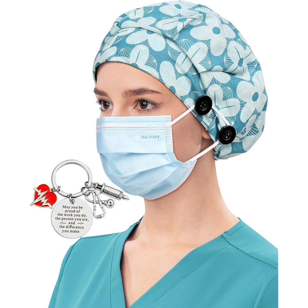 Satin Lined Bouffant Scrub Nurse Cap with 4 Buttons and Sweatband Adjustable Sky White