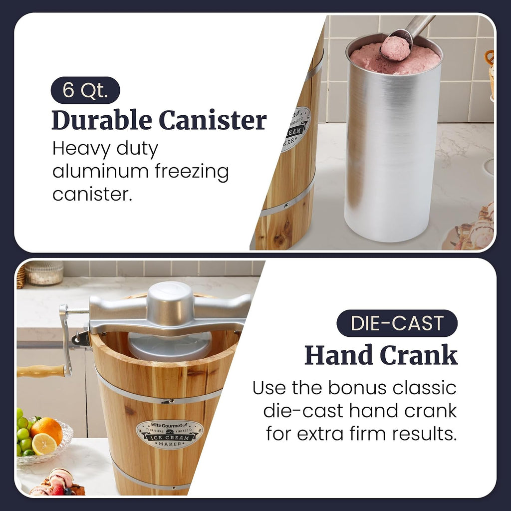 Elite Gourmet Eim916 Old Fashioned 6 Quart Vintage Wood Bucket Electric Ice Cream Maker Machine Appalachian, Bonus Classic Die-Cast Hand Crank For Churning, Uses Ice And Rock Salt
