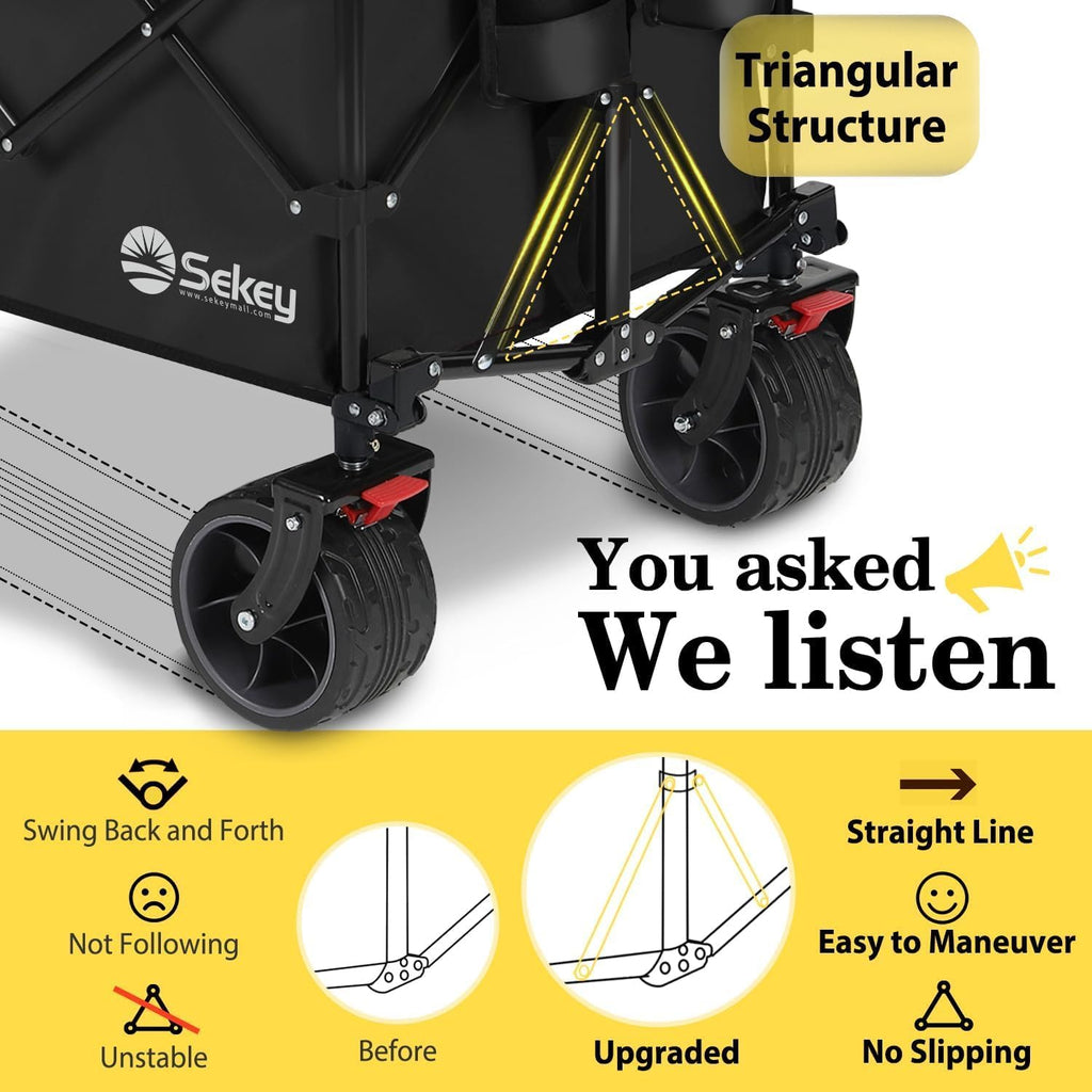 Sekey 48''L Collapsible Foldable Extended Wagon With 660Lbs Weight Capacity, Heavy Duty 300L Folding Utility Garden Cart With Big All-Terrain Beach Wheels & Drink Holders. Black