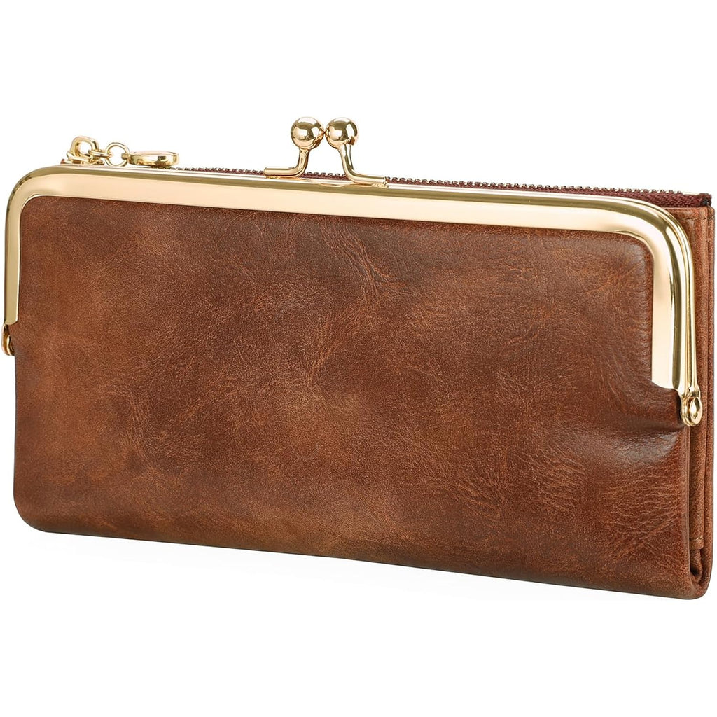 GOIACII Womens Wallet Ladies Vintage Billfold Compact Card Holder Long Zip Clutch Purse with Kiss Lock Brown