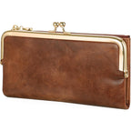 GOIACII Womens Wallet Ladies Vintage Billfold Compact Card Holder Long Zip Clutch Purse with Kiss Lock Brown