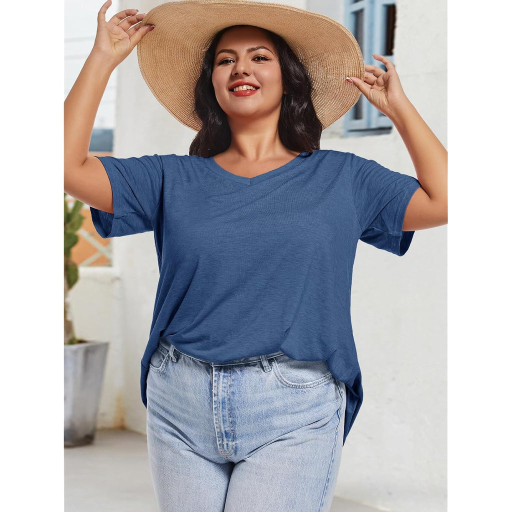 JOELLYUS Plus Size Tops for Women Summer Top Loose Fit Tee Shirts V Neck Short Sleeve Blouse 2026
