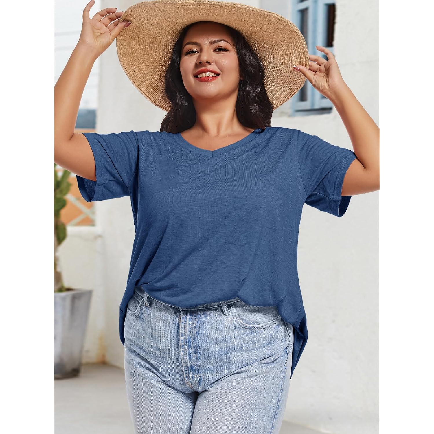 JOELLYUS Plus Size Tops for Women Summer Top Loose Fit Tee Shirts V Neck Short Sleeve Blouse 2026