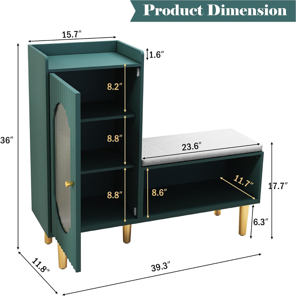 Storage Bench With Glass Door&Shelf, Modern Entryway Shoe Cabinet Bench With Padded Seat, Green L-Shaped Storage Cabinet For Hallway, Bedroom, Living Room, Office