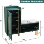 Storage Bench With Glass Door&Shelf, Modern Entryway Shoe Cabinet Bench With Padded Seat, Green L-Shaped Storage Cabinet For Hallway, Bedroom, Living Room, Office