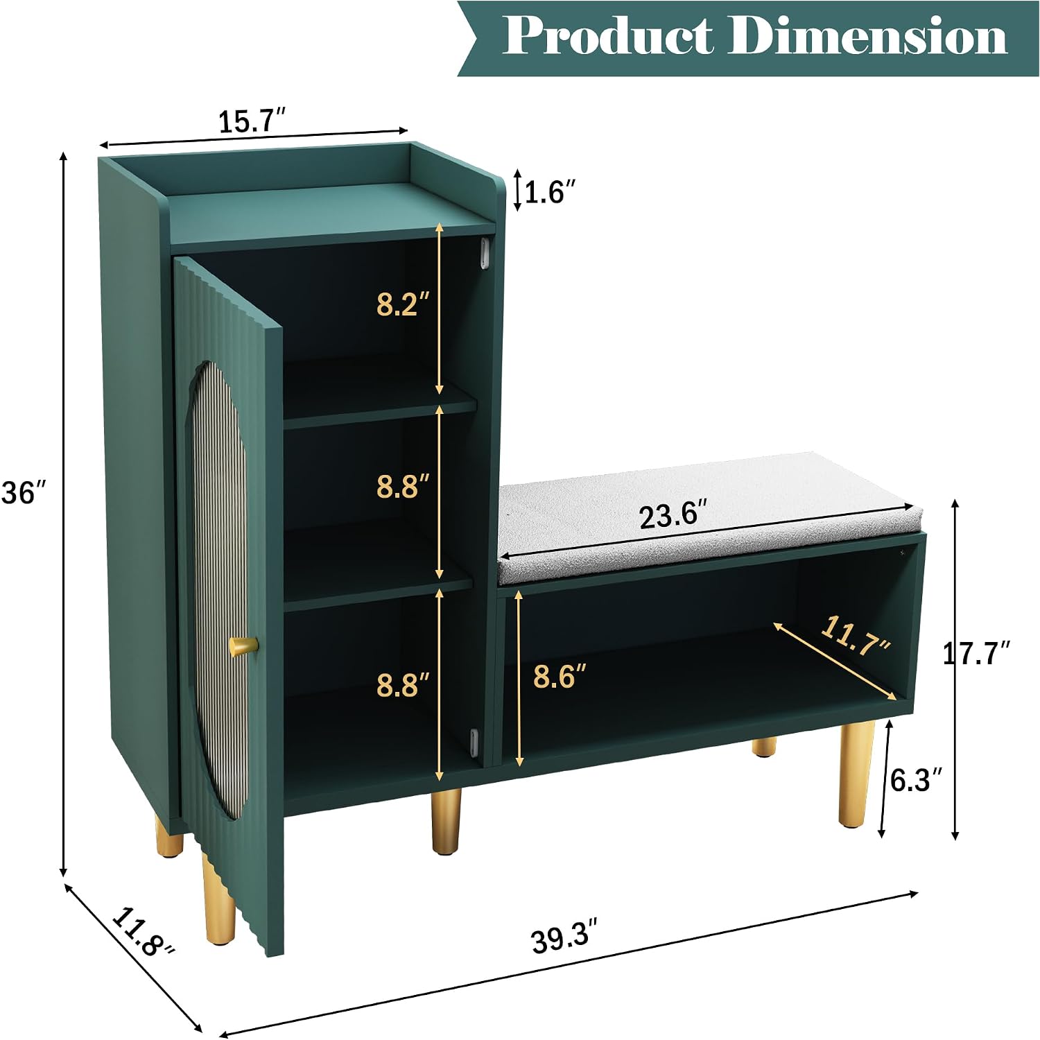 Storage Bench With Glass Door&Shelf, Modern Entryway Shoe Cabinet Bench With Padded Seat, Green L-Shaped Storage Cabinet For Hallway, Bedroom, Living Room, Office