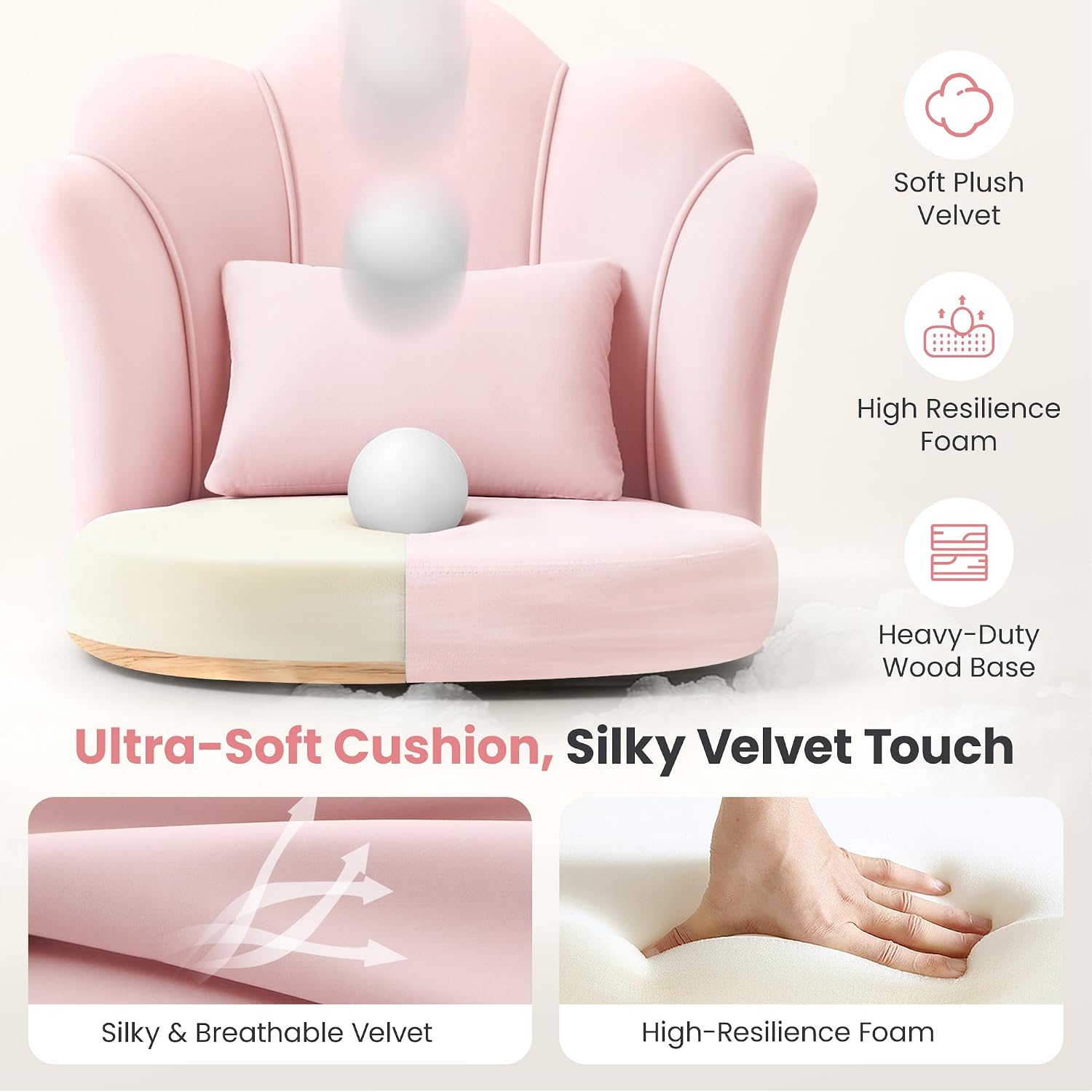 Petal Makeup Vanity Chair With Back, Flower Chair Comfy No Wheels For Girls Women, Makeup Chair With Golden Metal Legs & Lumbar Pillow For Living Room/Makeup Room/Bedroom/Home Office - Pink