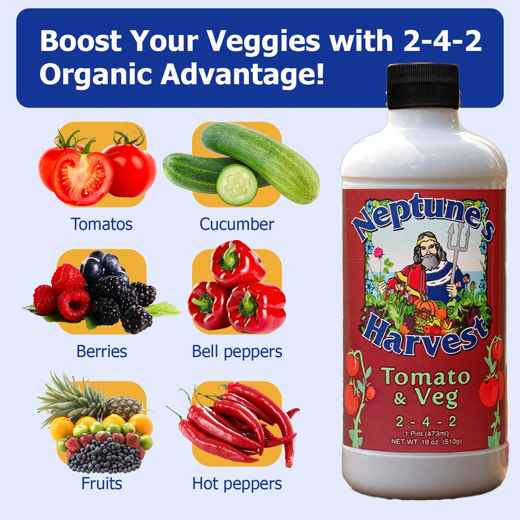 Neptune’S Harvest Organic Tomato & Vegetable Plant Fertilizer (2-4-2) - Liquid Plant Food W/Fresh Fish, Seaweed, Molasses, Yucca Extract, & Humic Acids - For Vegetable Garden (Pint)