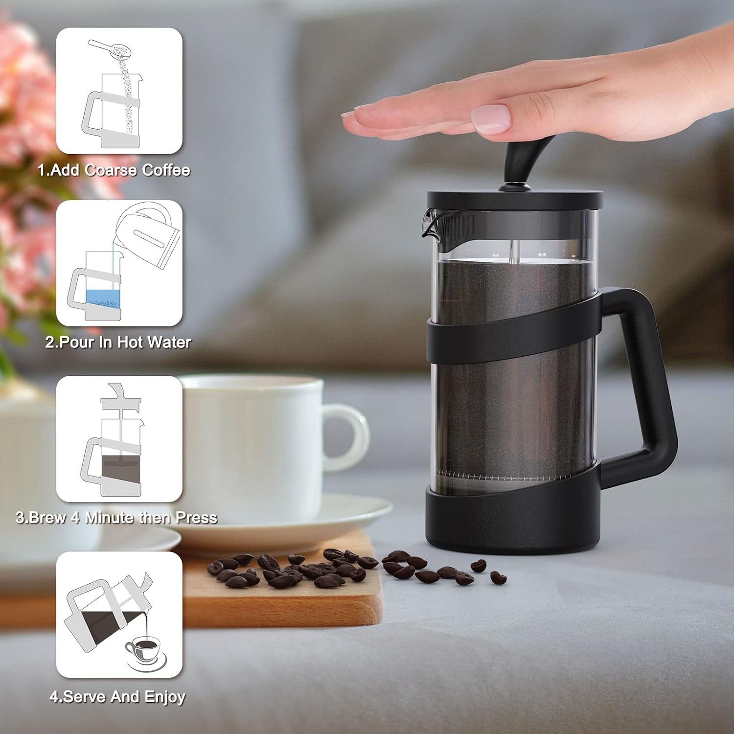 Rainbean Mini French Press Coffee Maker, 12 Oz, Camping Coffee Press Pot, Small French Press, Tea And Frothed Milk Press (Black, 12 Oz)