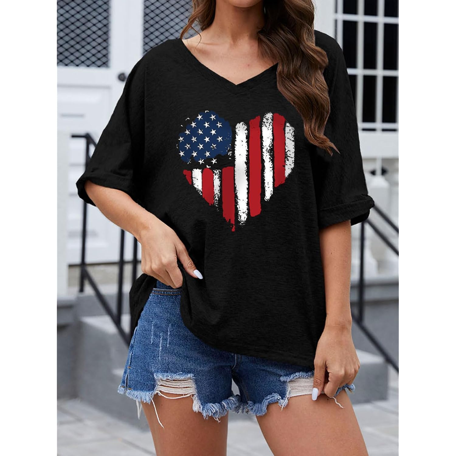 UNCLECAT Women's V Neck Oversized T-Shirts Summer Short Sleeve Shirts Loose Casual Tops Tee