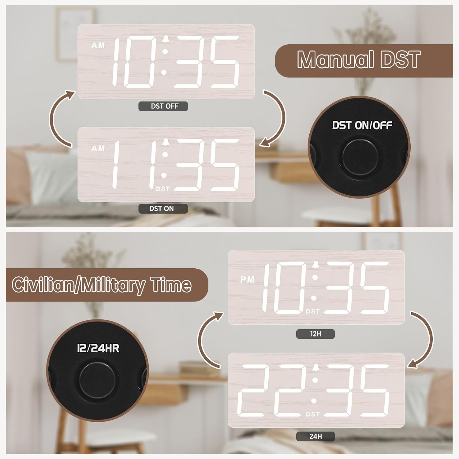 Dreamsky Wooden Digital Alarm Clock For Bedroom - Desk Clock For Living Room With Large Numbers, Dimmer, Loud Alarm For Heavy Sleepers With Volume Control, Dst, Office Wood Decor (Plug In Clock)