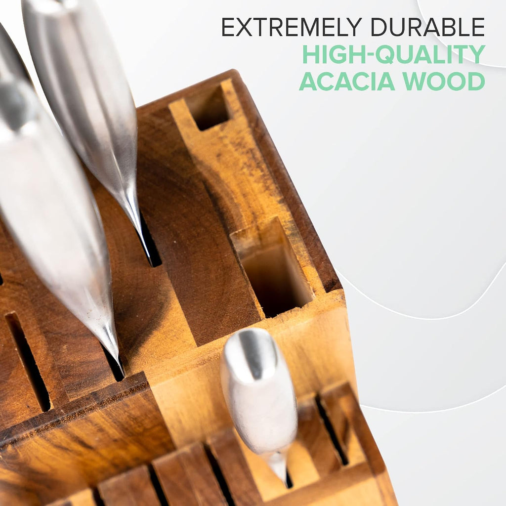 Acacia Wood Kitchen Knife Block - 15 Slots Knife Holder - Professional Quality Wood Knife Organizer - Secure Knife Stand To Keep Knives Neat & Sharp - Knife Blocks For Kitchen Knife Storage