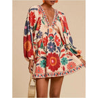 Roseseek Women'S Boho Floral V Neck Mini Dresses Bishop Sleeve Tie Open Back Tropical Dress