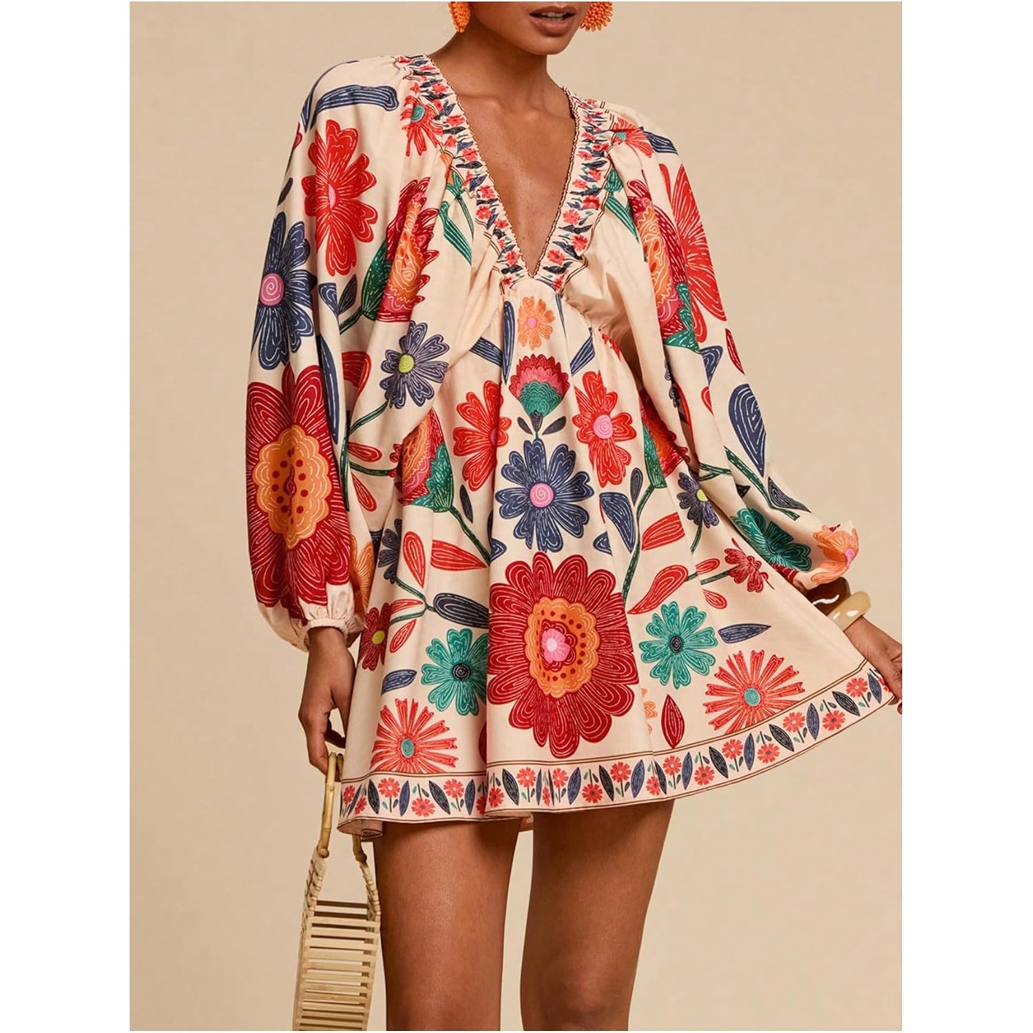 Roseseek Women'S Boho Floral V Neck Mini Dresses Bishop Sleeve Tie Open Back Tropical Dress