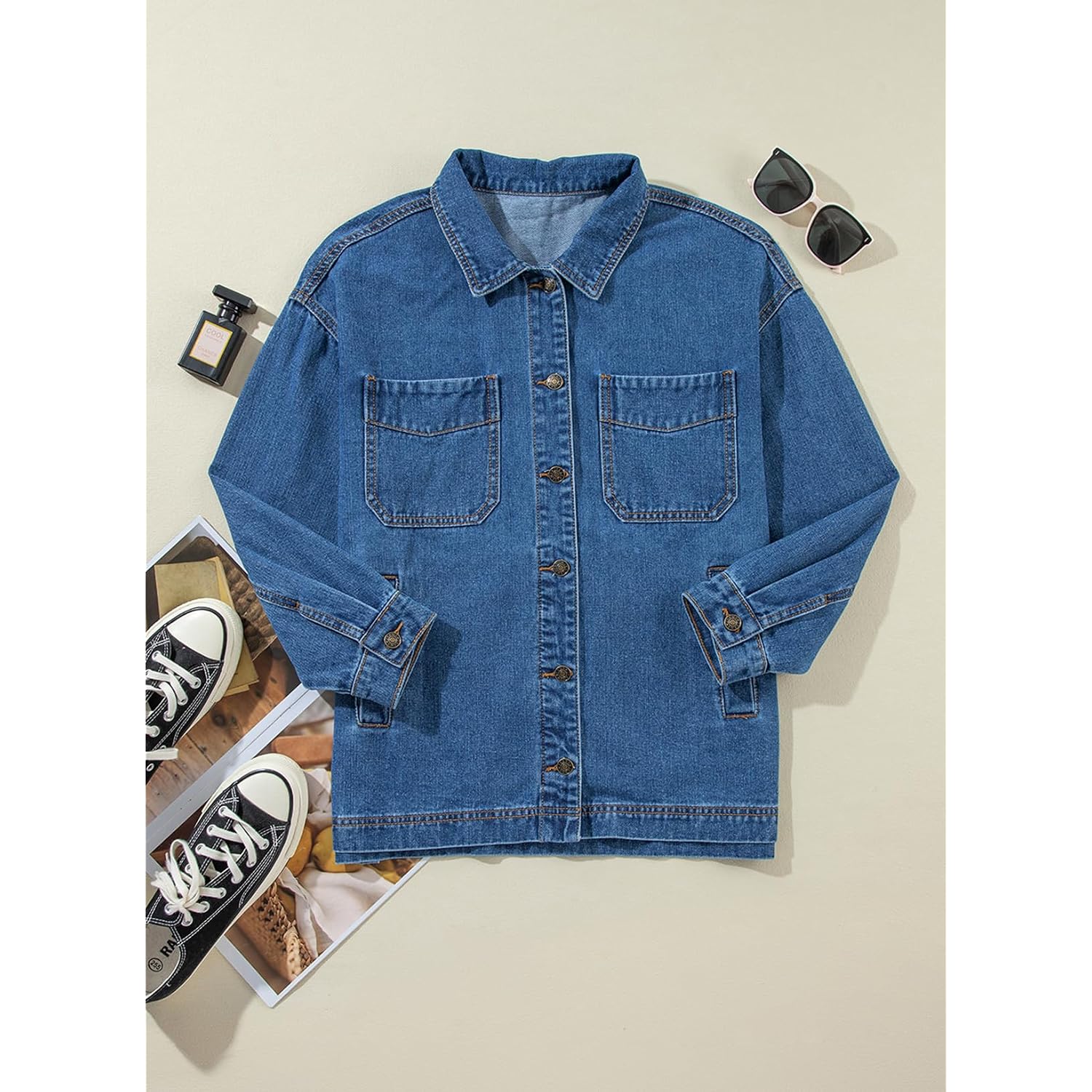 Sidefeel Women'S Jean Jacket Oversized Boyfriend Button Up Long Sleeve Split Zimbaplatinum Denim Jackets
