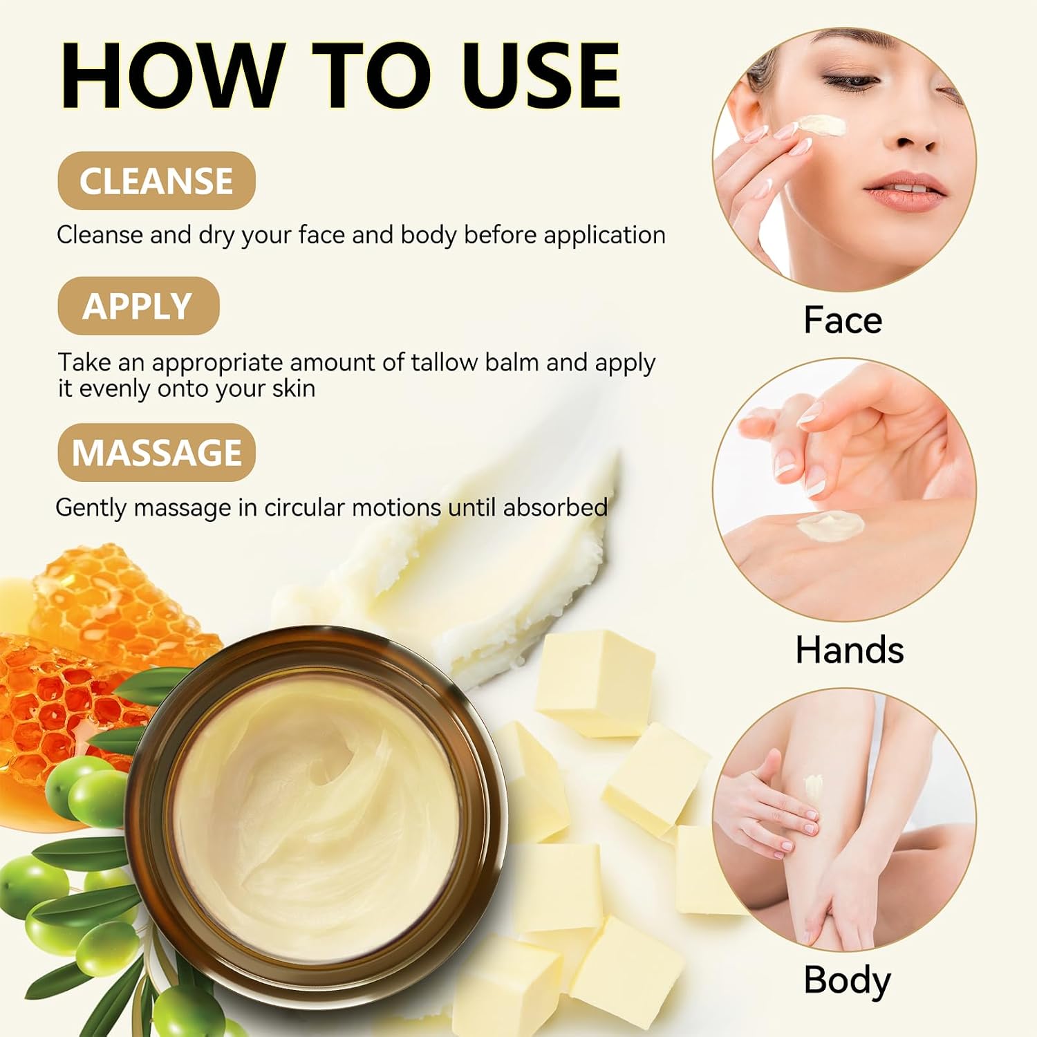 Veakoo Beef Tallow For Skin, Organic Whipped Tallow And Honey Balm, Grass Fed Beef Tallow Face Moisturizer, Natural Tallow Skin Care Cream Body Butter, Nourish And Soothe Dry Skin
