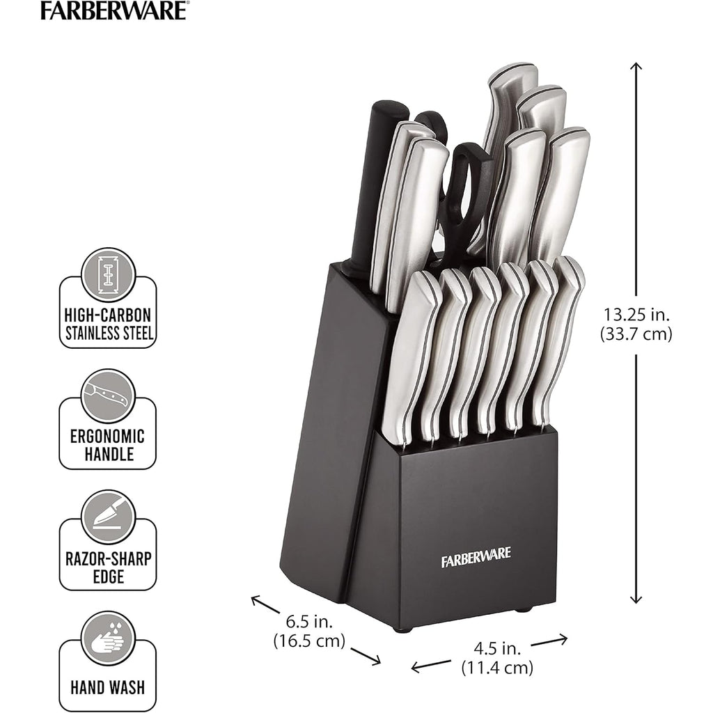 Farberware 15-Piece Kitchen Knife Set, High-Carbon Stainless Steel Blades with Wood Block, Steak Knives, Sharpening Tool & All-Purpose Shears, Razor Sharp, Ergonomic Stainless Steel Handles