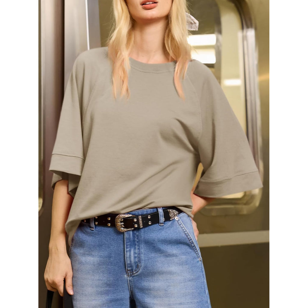 Tankaneo Womens Oversized Half Sleeve T-Shirts Crew Neck Boxy Basic Tees Tops Summer Casual Loose Fit Tunic Shirts