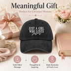 JUSTS A Girls WHO Loves Jesus Hats for Women Aesthetic Washed Distressed Allblack