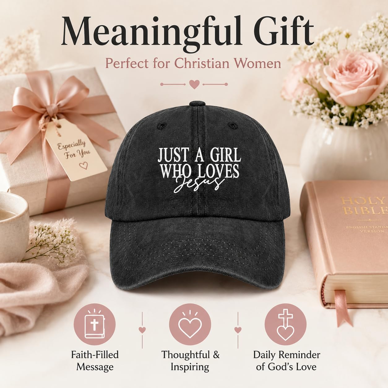 JUSTS A Girls WHO Loves Jesus Hats for Women Aesthetic Washed Distressed Allblack