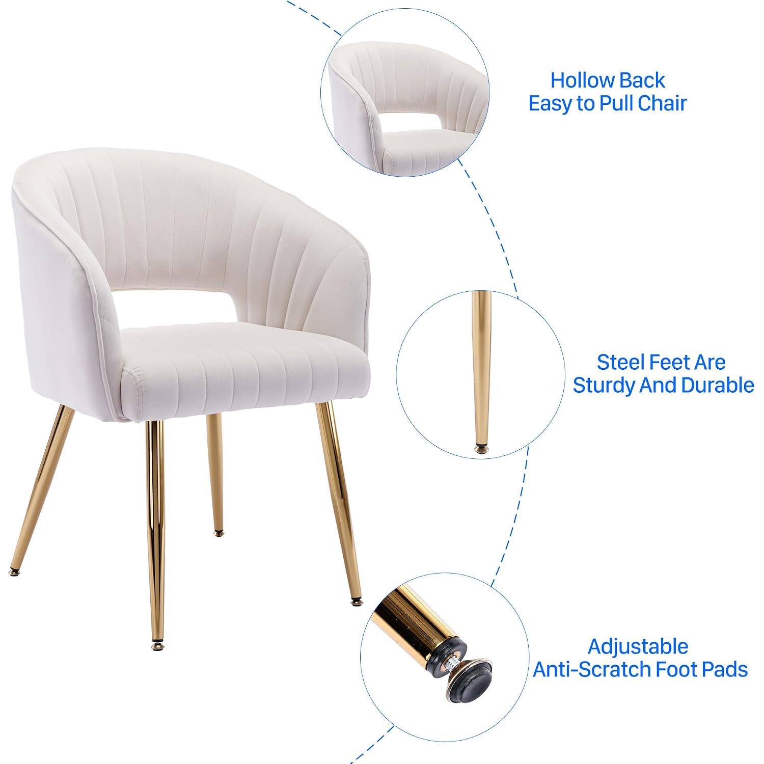 Modern Velvet Desk Chair Accent Armchair Upholstered Tufted Chairs Dining Chairs, Tufted Vanity Chair Side Chairs With Gold Metal Legs For Dining Room Living Room Restaurant,1 Pc &Cream