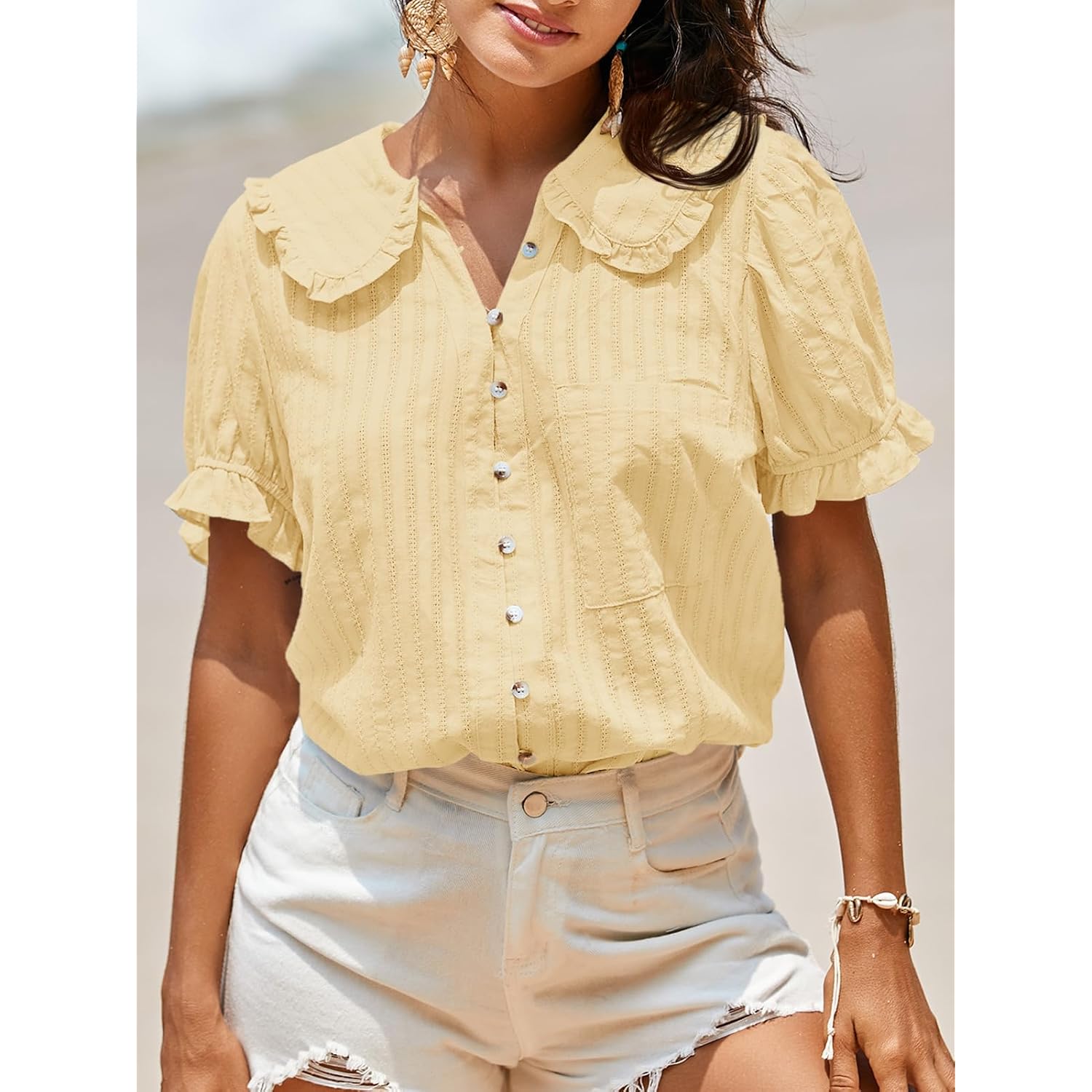 Tankaneo Womens Puff Sleeve Shirts Peter Pan Collar Button Down Cotton Blouse Casual Summer Textured Tops