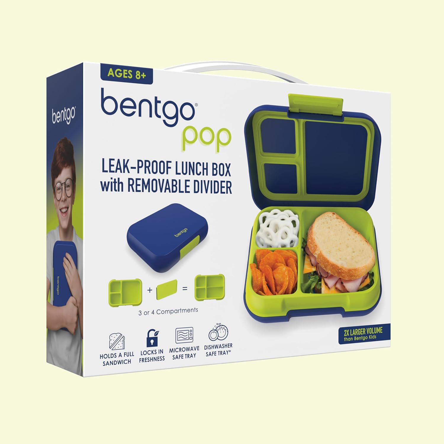 Bentgo Pop - Leak-Proof Lunch Box & Removable Divider For Ages 8+ & Teens - Lunch Container Holds 5 Cups Of Food; 3-4 Compartments; Microwave/Dishwasher Safe; 2 Year Warranty (Navy Blue/Chartreuse)