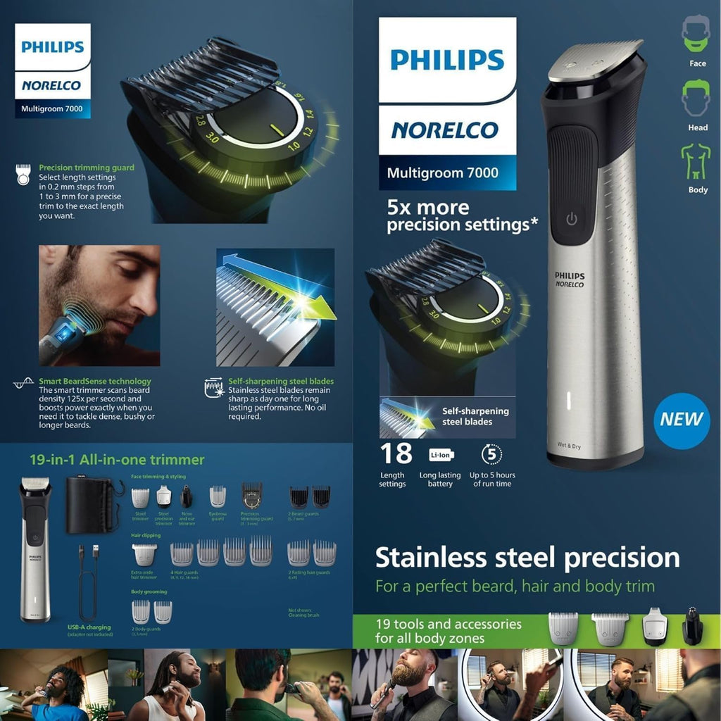 Philips Multigroom 7000 Series 21 Piece Beard Trimmer for Men, Hair & Body Grooming Kit, Precision Trimming Comb with Self-Sharpening Steel Blades, All-in-one Trimmer, Water Resistant