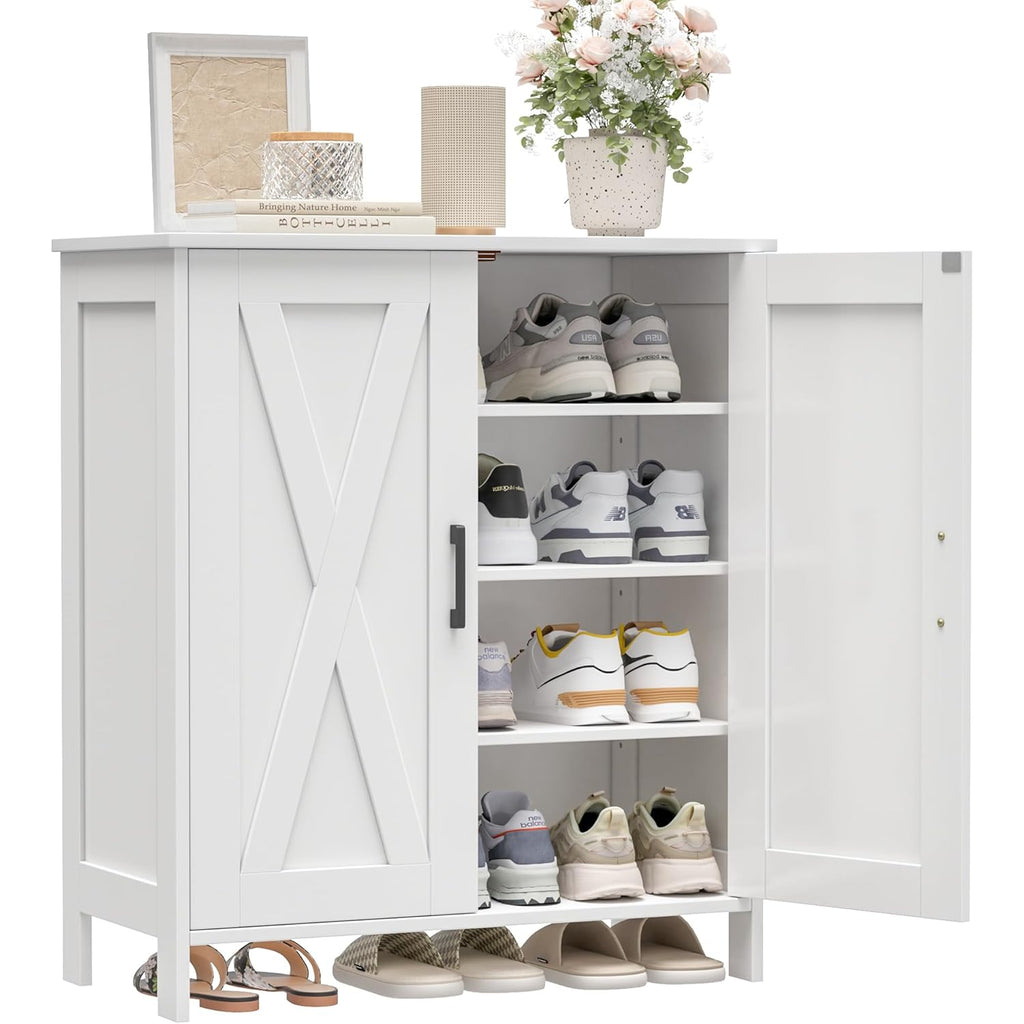 Homleke Farmhouse Shoe Cabinet with 2 Barn Doors & Wood Legs, 5-Tier Shoe Storage Cabinet with 3 Adjustable Shelves, Tall Shoe Rack Organizer for Closet, Shoe Organizer for Entryway, Hallway, White