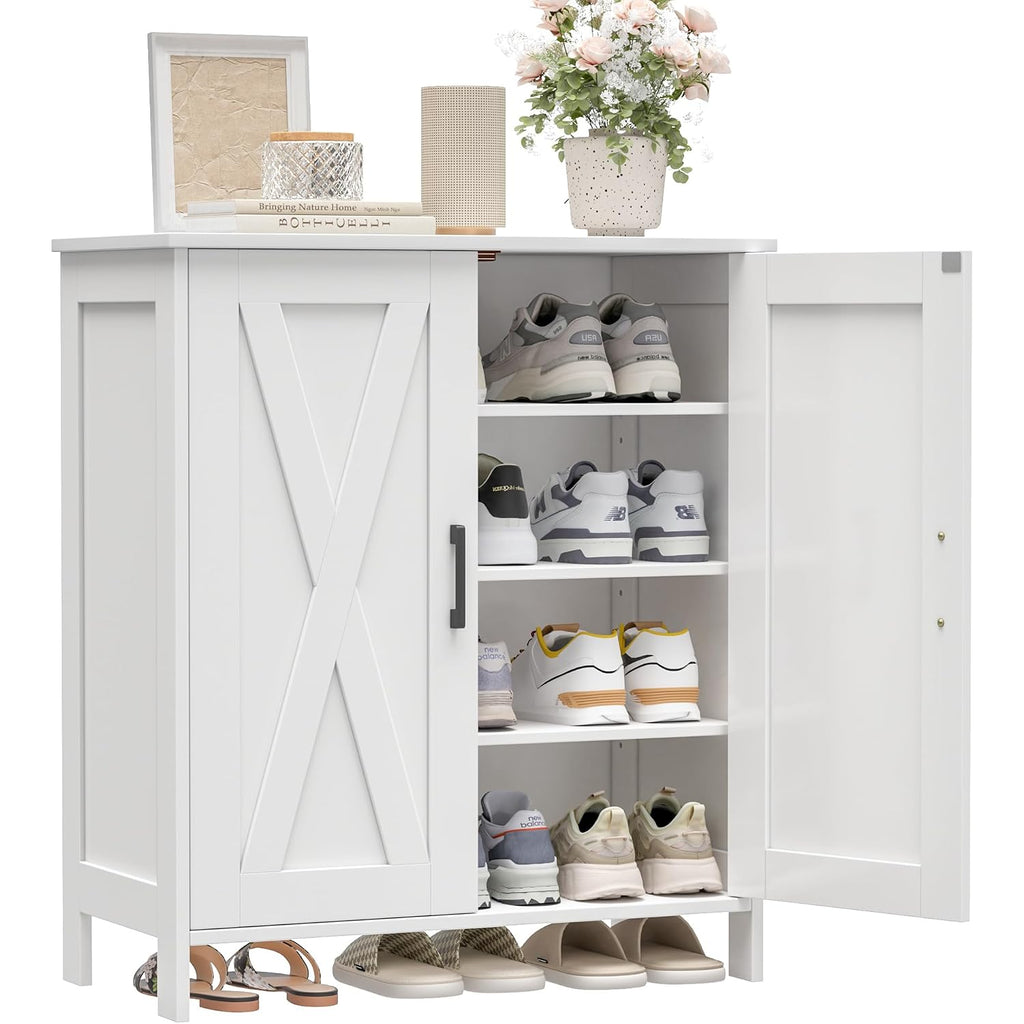 Farmhouse Shoe Cabinet With 2 Barn Doors & Wood Legs, 5-Tier Shoe Storage Cabinet With 3 Adjustable Shelves, Tall Shoe Rack Organizer For Closet, Shoe Organizer For Entryway, Hallway, White