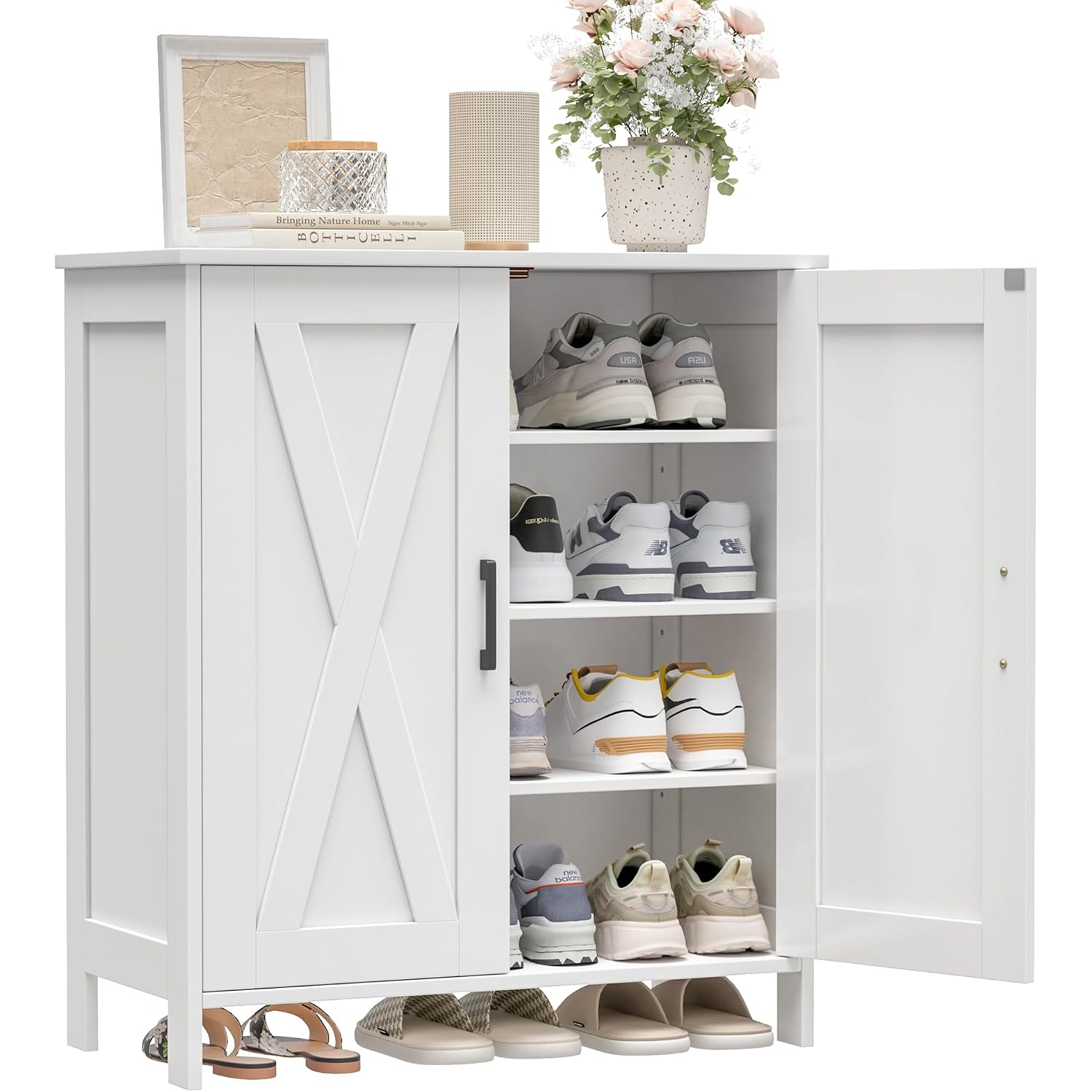 Farmhouse Shoe Cabinet With 2 Barn Doors & Wood Legs, 5-Tier Shoe Storage Cabinet With 3 Adjustable Shelves, Tall Shoe Rack Organizer For Closet, Shoe Organizer For Entryway, Hallway, White