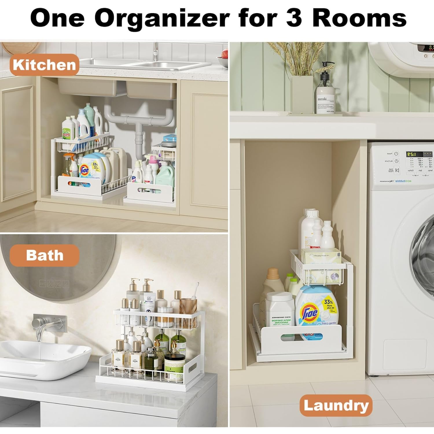 REALINN Under Sink Organizer, Pull Out Cabinet Organizer, 2 Tier Metal Slide Out Shelf with L Shaped Design for Kitchen, Bathroom, Laundry, and Utility Cabinet Storage for Deep Cabinets, White, 2 Pack