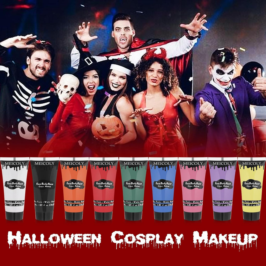 9 Colors Face Body Paint Set,1.01X9Oz/Box,Water Based Washable Face Paint For Adult Kid,Elphaba Green Face Paint,Safe Body Paint For Skin,Red White Blue Face Painting Kit For Halloween Makeup