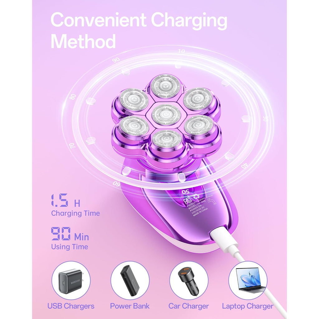 5-in-1 Electric Razors for Women, 7D Magnetic Heads Full Body Shaver, Waterproof Wet Dry Hair Remover with LED Display, Rechargeable Bikini Trimmer for Underarms, Face, Legs, Lips, Arms (Purple)