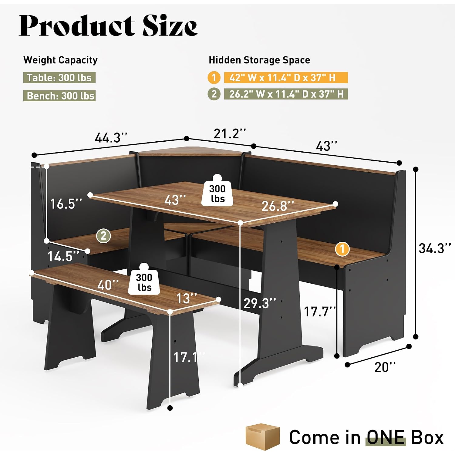 Amerlife 3-Piece Breakfast Nook Dining Set With Storage, Black Oak | L-Shaped Corner Bench, Hidden Storage, Compact Dining Set For Small Spaces, Kitchen Dining Room Furniture