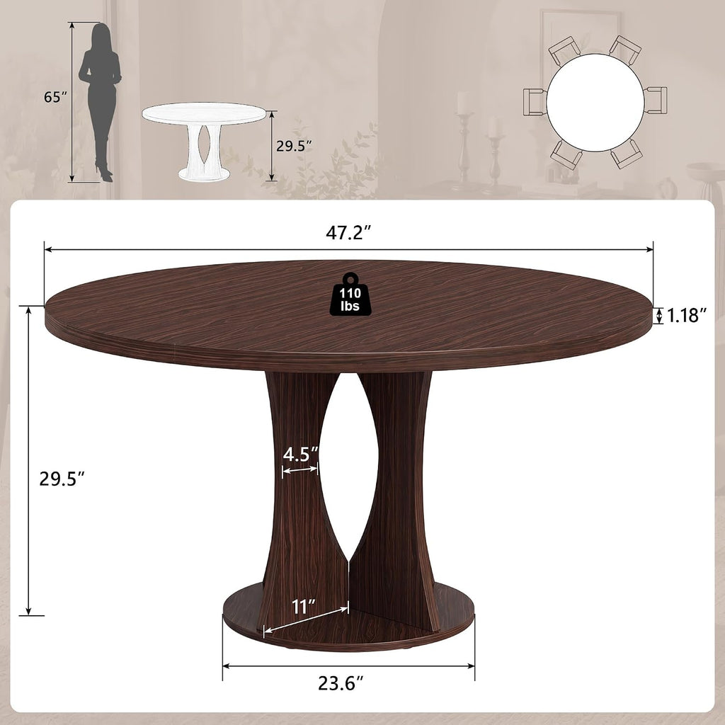 47.2-Inch Round Dining Table, Kitchen Table For 4-6, Farmhouse Circle Dining Room Table, Space Saving Wood Kitchen & Dining Room Furniture, Black Oak