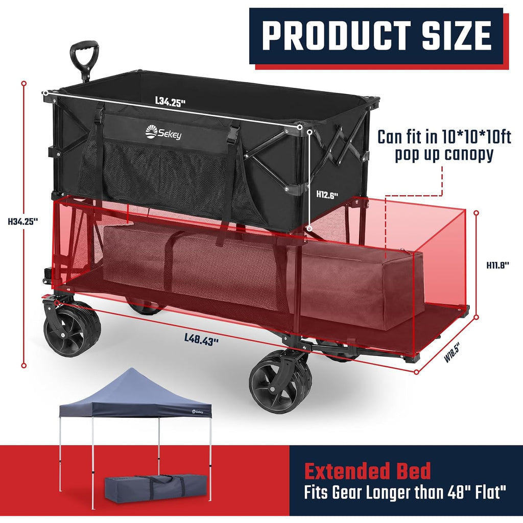 Sekey 500Lbs Heavy Duty Double Decker Wagon With Extender, 400L Large Capacity Collapsible Garden Cart Fits 10X10 Canopy, All-Terrain Big Wheels With Brakes, Foldable Utility Wagon For Sports, Camping