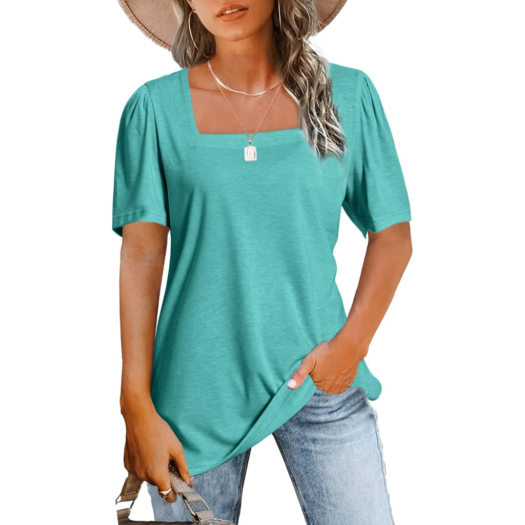 Womens Tops Casual Short Sleeve Square Neck Shirts Puff Sleeve Tshirts Loose Casual Blouse Summer Tee