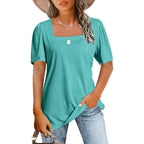 Womens Tops Casual Short Sleeve Square Neck Shirts Puff Sleeve Tshirts Loose Casual Blouse Summer Tee