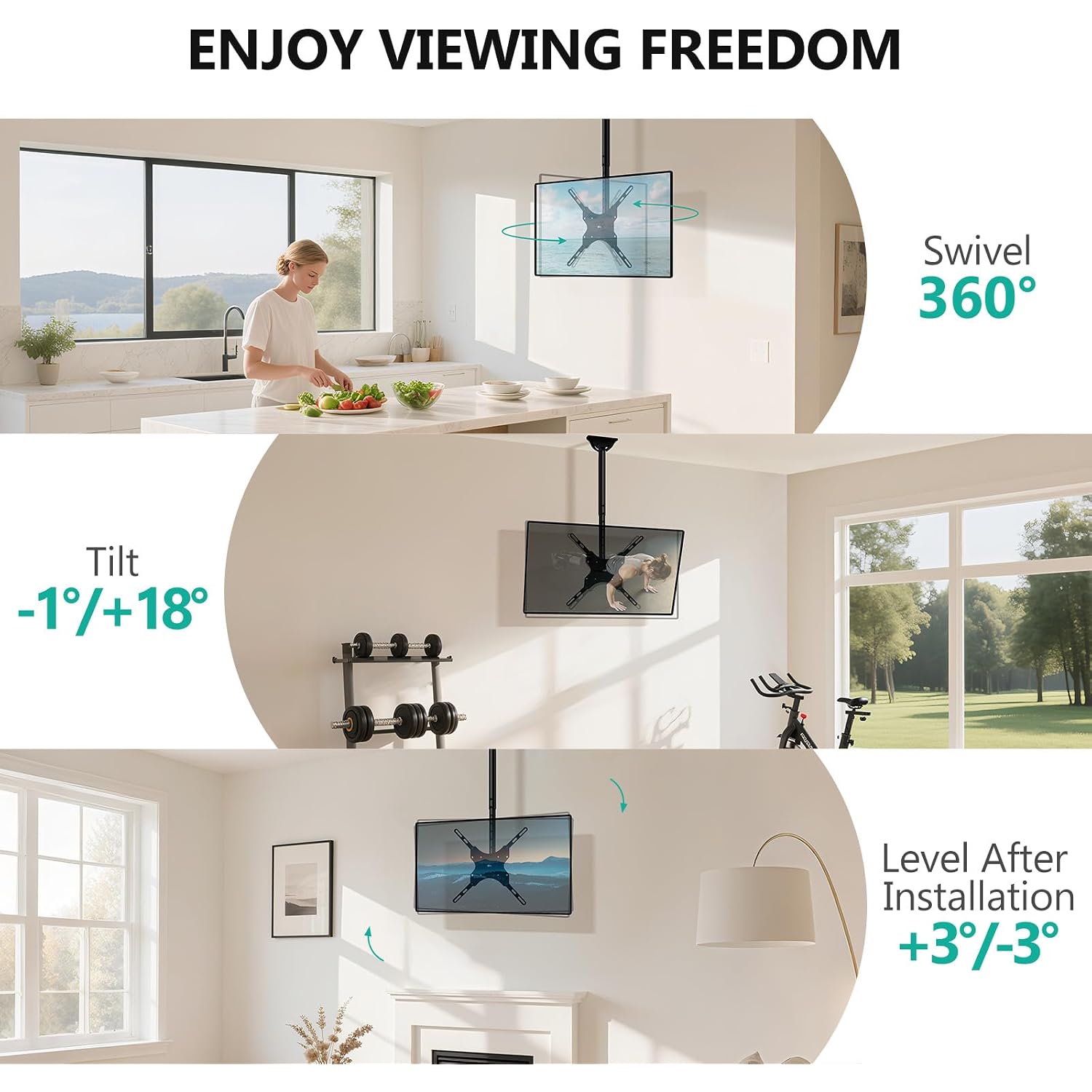 Wali Ceiling Tv Mount For 26-65 Inch Lcd Led Oled 4K Tvs, Hanging Pole Ceiling Mount Tv Bracket Up Down, Tv Ceiling Mounts For Gym Patio Gazebo, Up To 110 Lbs, Max Vesa 400X400Mm (Cm2665), Black