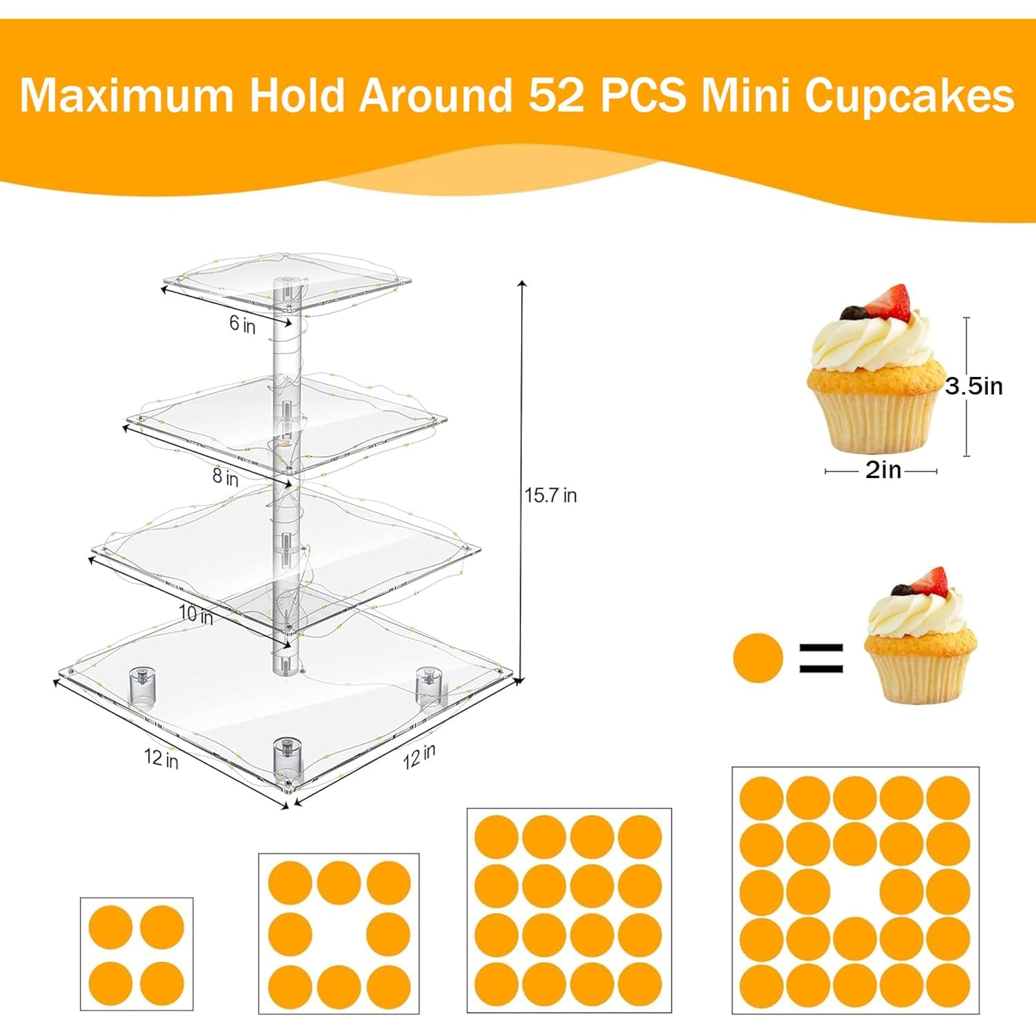 YestBuy Cupcake Stand with Yellow Led Lights, 4 Tier Cupcake Stand for 50 Cupcakes, Acrylic Cupcake Tower Stand, Clear Tiered Cupcake Holder for Birthday Cady Bar Décor Weddings, Parties Events