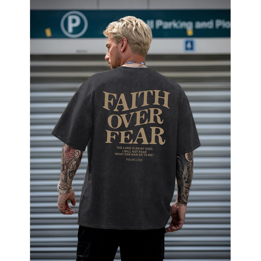 Christian Faith Over Fear Shirt For Men Jesus Religious Shirts Oversized Graphic Tees Acid Wash God T-Shirt