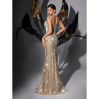 Women'S Square Neck Sequin Beaded Mermaid Formal Evening Dress Spaghetti Strap Bodycon Prom Party Cocktail Maxi Gown