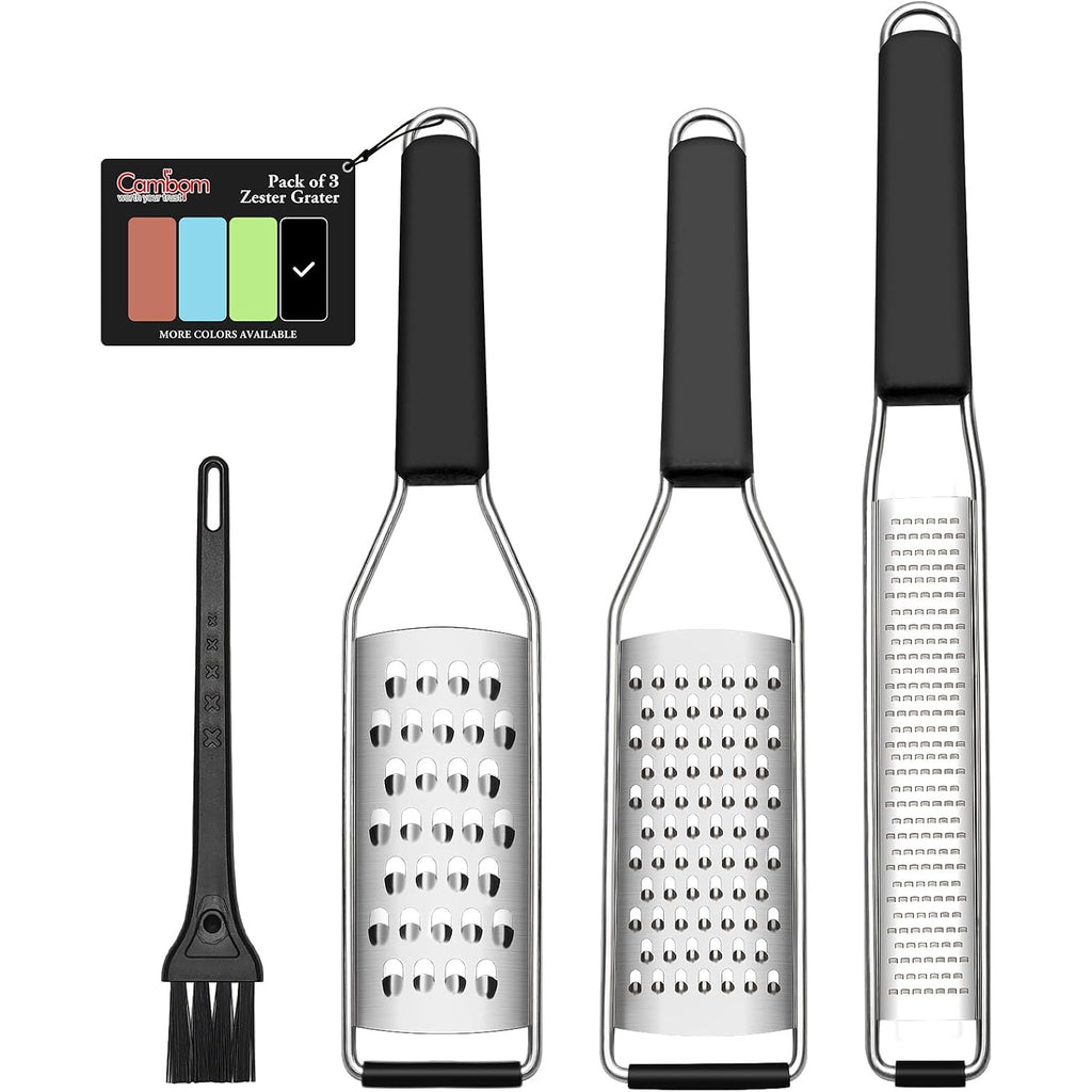 Cambom Lemon Zester Grater Three-Piece Suit - Heavy Duty Kitchen Tool For Parmesan Cheese, Ginger, Garlic, Nutmeg, Chocolate, Vegetables，Fruits，Stainless Steel Grater Dishwasher Safe Black
