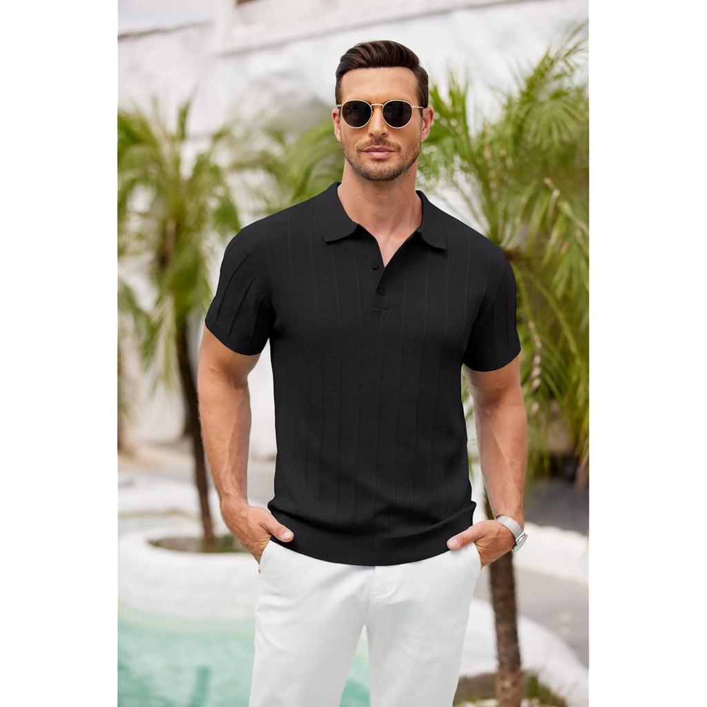 Coofandy Mens Knit Polo Shirts Short Sleeve Ribbed Textured Polo Shirt Lightweight Casual Golf Shirts Collared T Shirt