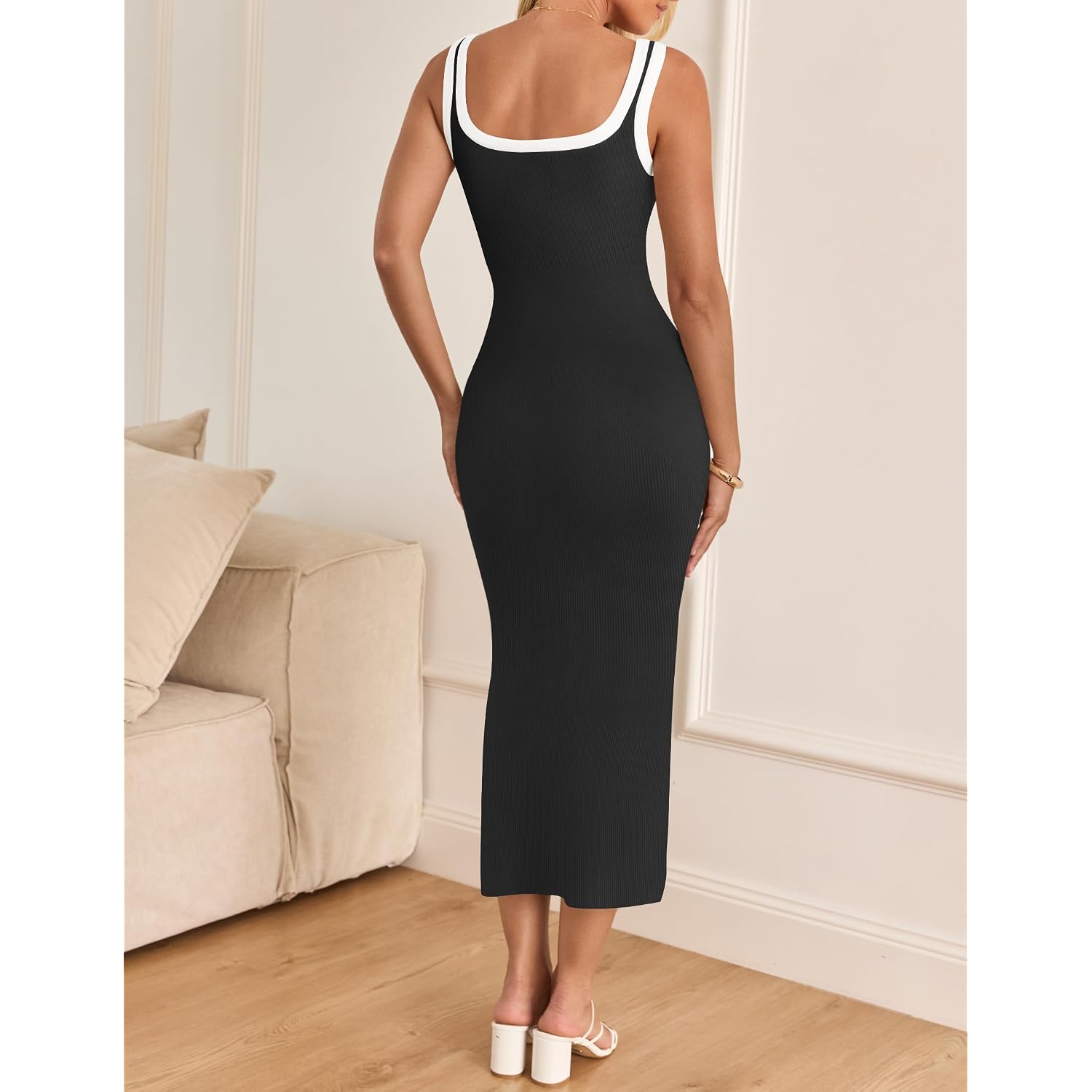 Zesica Women'S 2026 Summer Bodycon Midi Dress Casual Sleeveless Square Neck Side Slit Knit Beach Vacation Long Dresses