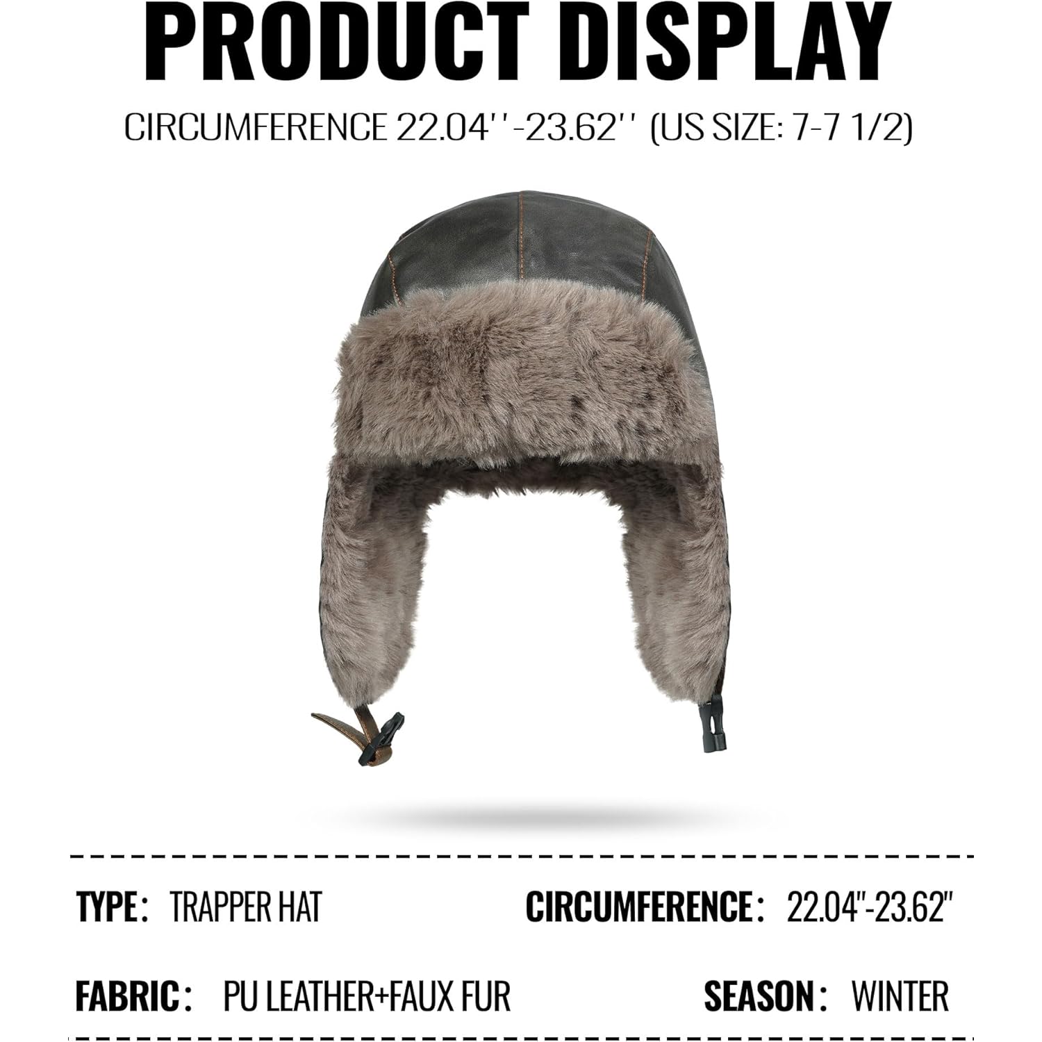 CLAPE Winter Trapper Hat with Ear Flaps, Waterproof PU Leather Aviator Hat with Faux Fur Lining for Men & Women